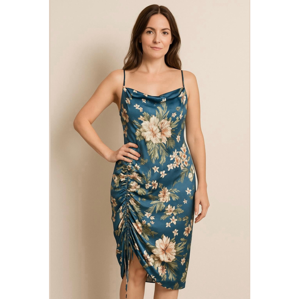 Womens Simple Plus Teal Floral Midi Slip Dress 1X Feminine Coastal Y2K Soft Glam